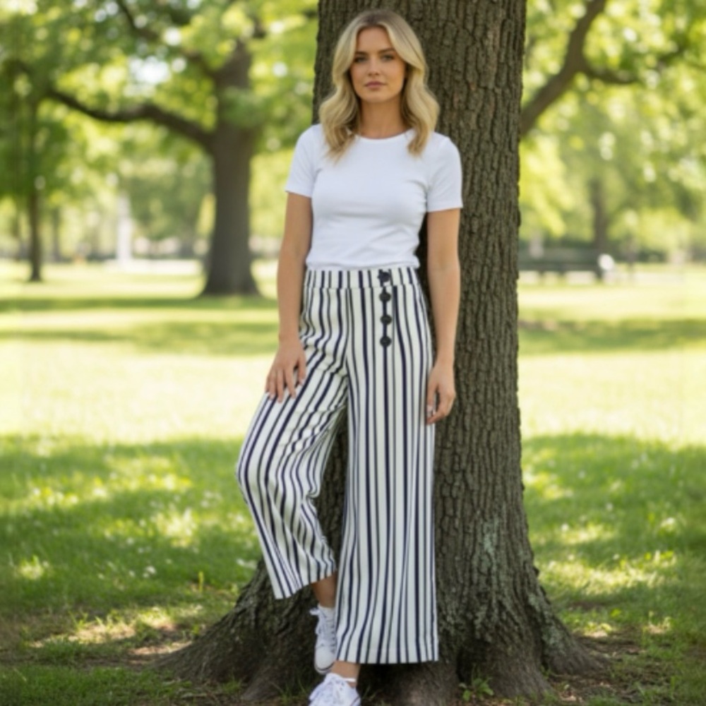 ZARA Blue and White Striped Wide Leg Pants